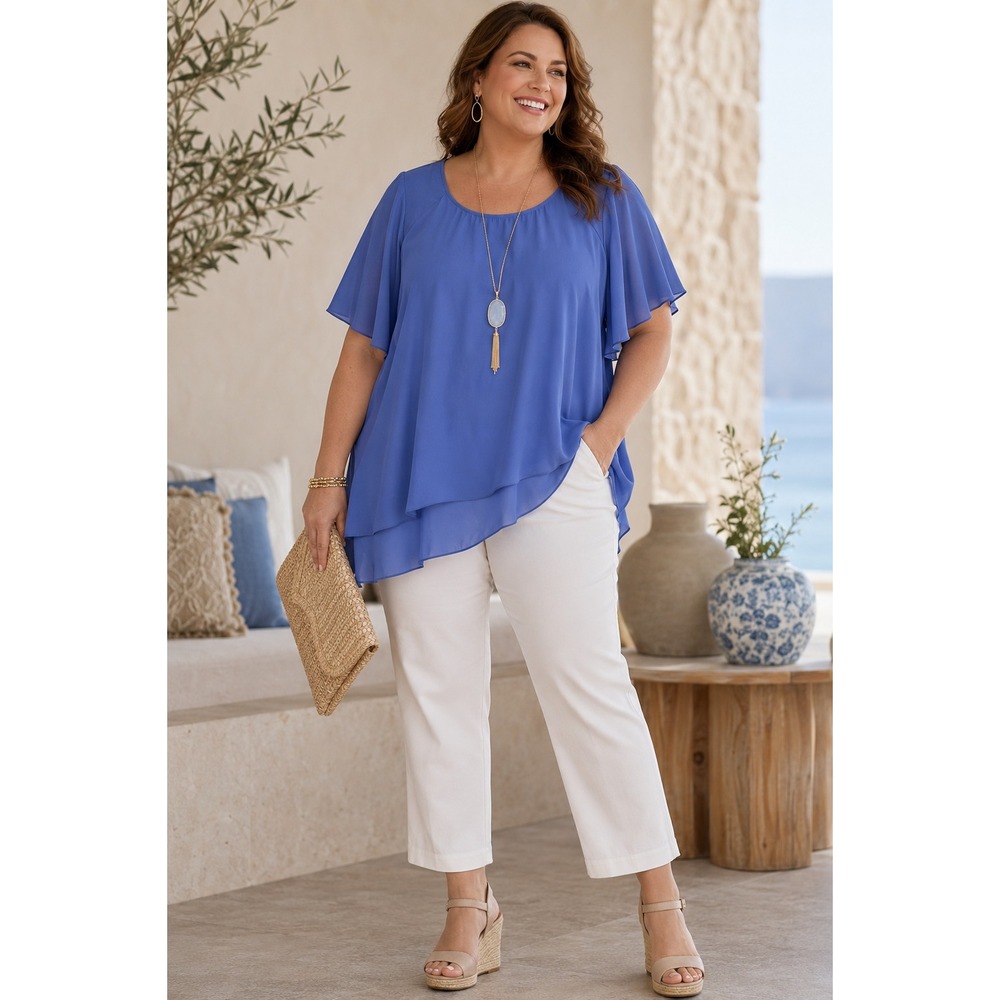 Soft‎ Surroundings Women's Size 1X Blue Chiffon Tunic Flutter Sleeve Boho